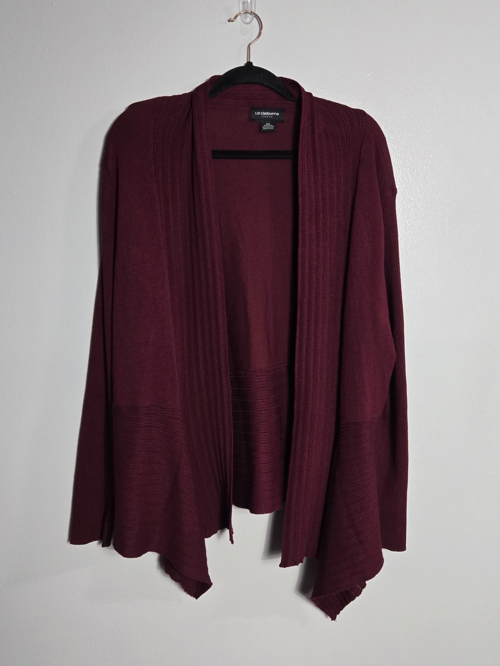 Liz Claiborne Career Maroon Burgundy Ribbed Open Front Draped Cardigan Size XXL